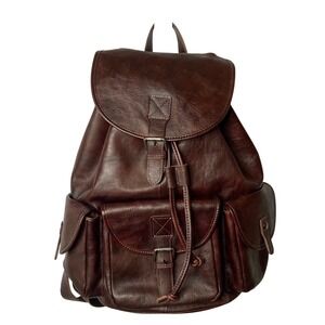 IVTG Brown Genuine Leather Backpack Drawstring Flap Vintage Style Multi Pocket